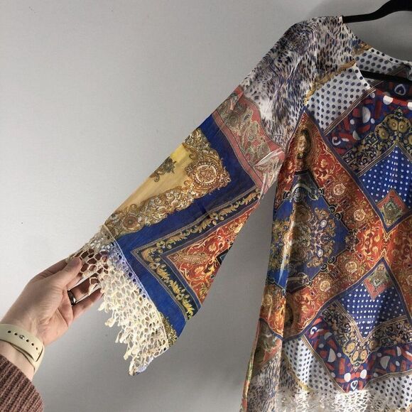 Shiloh 770 Size Medium Sheer Blouse Crowns Royalty Crocheted Fringe Boho 0589 - Picture 4 of 16